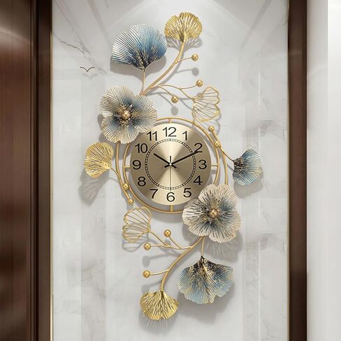 Modern Metal Wall Clock Silent Non Ticking Decoration Wall Clocks 3D Creative Ginkgo Leaf Metal Art Dial Home Decorations for Living Room Handmade Nature Home Art Decoration 32.7 * 18.9 * 2inch in Kuwait