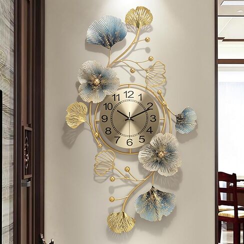 Modern Metal Wall Clock Silent Non Ticking Decoration Wall Clocks 3D Creative Ginkgo Leaf Metal Art Dial Home Decorations for Living Room Handmade Nature Home Art Decoration 32.7 * 18.9 * 2inch in Kuwait