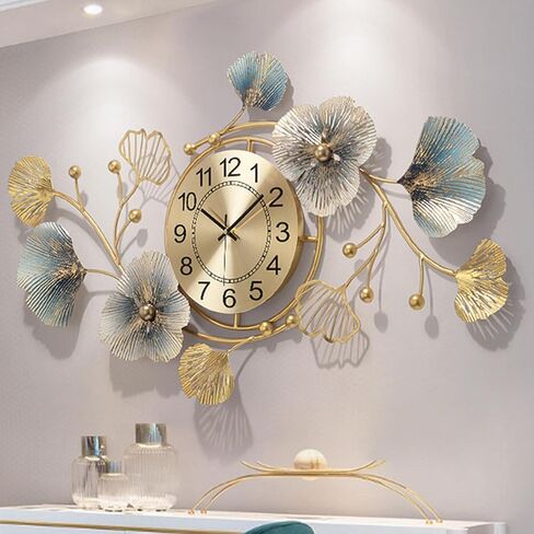 Modern Metal Wall Clock Silent Non Ticking Decoration Wall Clocks 3D Creative Ginkgo Leaf Metal Art Dial Home Decorations for Living Room Handmade Nature Home Art Decoration 32.7 * 18.9 * 2inch in Kuwait