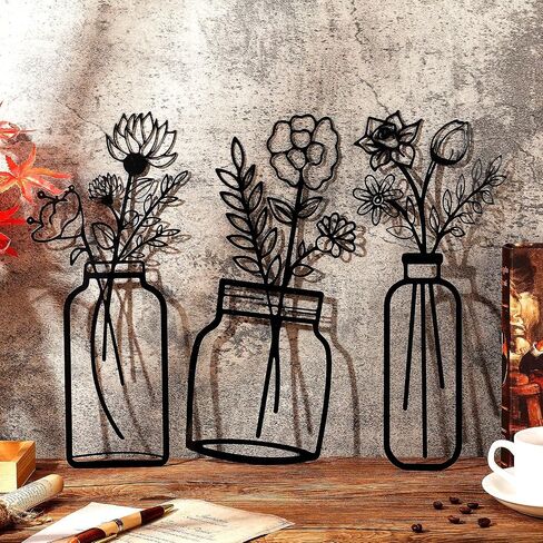 Hotop 3 Pieces Metal Vase Flowers Wall Art Flower in Vase Hanging Iron Wall Decoration Vase Flowers Interior Decor Natural Themed Metal Wall Art for Home Indoor and Outdoor Lovers in Saudi Arabia