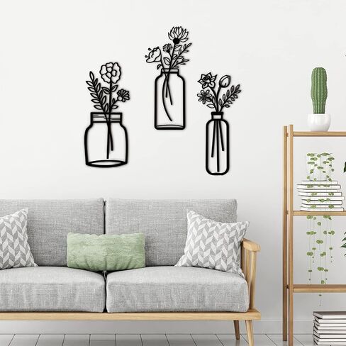 Hotop 3 Pieces Metal Vase Flowers Wall Art Flower in Vase Hanging Iron Wall Decoration Vase Flowers Interior Decor Natural Themed Metal Wall Art for Home Indoor and Outdoor Lovers in Saudi Arabia