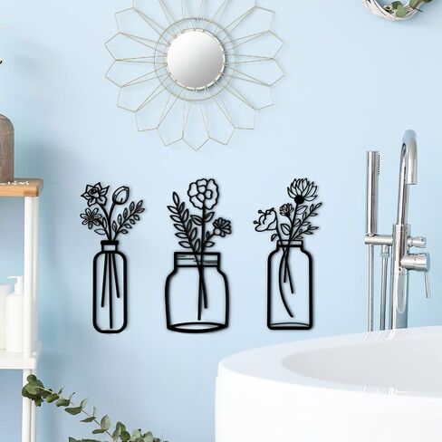 Hotop 3 Pieces Metal Vase Flowers Wall Art Flower in Vase Hanging Iron Wall Decoration Vase Flowers Interior Decor Natural Themed Metal Wall Art for Home Indoor and Outdoor Lovers in Saudi Arabia