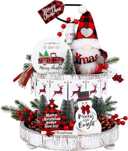 13 قطعة عيد الميلاد صينية ديكور مجموعة ديكورات عيد الميلاد في الأماكن المغلقة الشتاء خشبية علامات الطاولة الأحمر والأسود الجاموس منقوشة موضوع ديكور جنوم ثلج شجرة عيد الميلاد لعيد الميلاد مزرعة ديكور in Kuwait