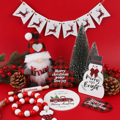 13 قطعة عيد الميلاد صينية ديكور مجموعة ديكورات عيد الميلاد في الأماكن المغلقة الشتاء خشبية علامات الطاولة الأحمر والأسود الجاموس منقوشة موضوع ديكور جنوم ثلج شجرة عيد الميلاد لعيد الميلاد مزرعة ديكور in Kuwait