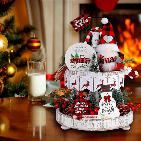 13 قطعة عيد الميلاد صينية ديكور مجموعة ديكورات عيد الميلاد في الأماكن المغلقة الشتاء خشبية علامات الطاولة الأحمر والأسود الجاموس منقوشة موضوع ديكور جنوم ثلج شجرة عيد الميلاد لعيد الميلاد مزرعة ديكور in Kuwait