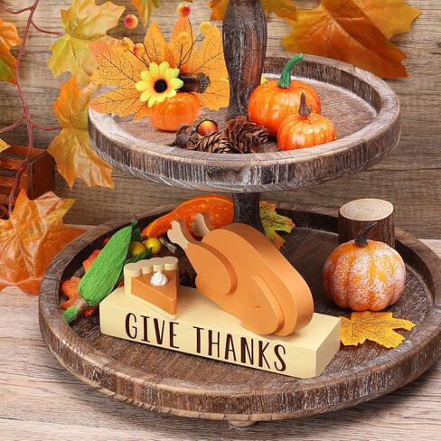 Fall Tiered Tray Decor Set Thanksgiving Decorations Turkey Decor Autumn Farmhouse Give Thanks Sign Wood Pumpkin Pie Corn Harvest Season Rustic Craft Home Table Coffee Bar Shelf Sitter 4PCS in Kuwait