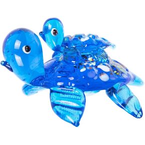 crystalsuncatcher Handmade Glass Tortoise with Baby 2.5'' Art Glass Blown Animal Figurine,Collectible Turtle Statue For Home Decor
