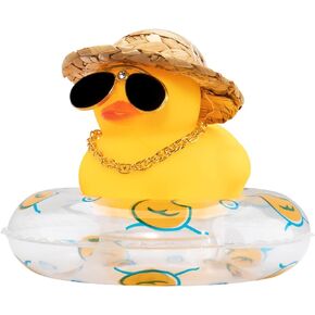 wonuu Swim Ring Rubber Ducks with Mini Diamond Glasses Hat Necklace for Cars Dashboard Decorations Car Accessories Toy Duck Car Ornament, Bow Hat Blue-Clear Swim Ring
