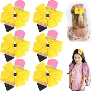 العودة إلى المدرسة قلم رصاص أقواس الشعر الهتاف، Oaoleer 6 قطع Grosgrain الشريط الأصفر قلم رصاص الأقواس الهدايا الزينة للفتيات طفل أطفال رياض الأطفال 1st 2nd 3rd 4th الصف 5 (قلم رصاص الأقواس شريط مطاطي)
