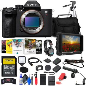 Sony a7R V Mirrorless Camera (ILCE7RM5/B) + 4K Monitor + Headphones + Pro Mic + 64GB Card + Corel Photo Software + Pro Tripod + Bag + NP-FZ100 Compatible Battery + External Charger + More (Renewed) in Saudi Arabia