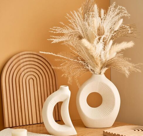 White Sun and Moon Ceramic Vases Set for Dried Flowers, Pampas Grass - Boho Modern Aesthetic Home Decor Decorations for Living Room, Bedroom, Shelf, Bookshelf, Fireplace, Dining Table, Dresser in Saudi Arabia
