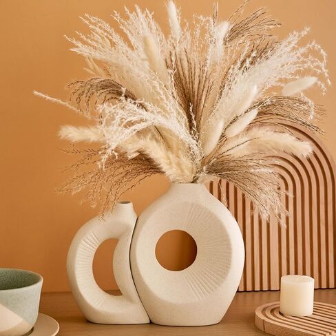 White Sun and Moon Ceramic Vases Set for Dried Flowers, Pampas Grass - Boho Modern Aesthetic Home Decor Decorations for Living Room, Bedroom, Shelf, Bookshelf, Fireplace, Dining Table, Dresser in Saudi Arabia