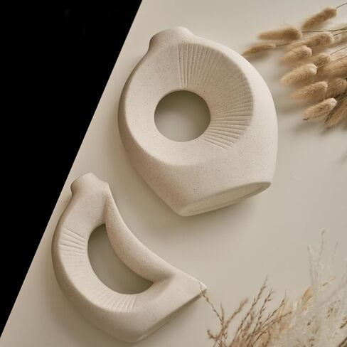 White Sun and Moon Ceramic Vases Set for Dried Flowers, Pampas Grass - Boho Modern Aesthetic Home Decor Decorations for Living Room, Bedroom, Shelf, Bookshelf, Fireplace, Dining Table, Dresser in Saudi Arabia