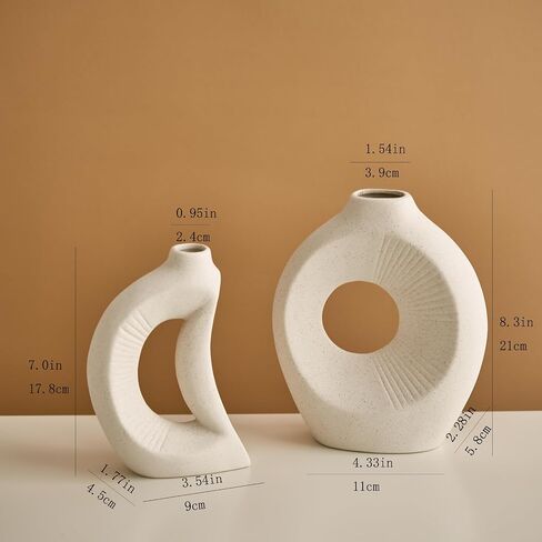 White Sun and Moon Ceramic Vases Set for Dried Flowers, Pampas Grass - Boho Modern Aesthetic Home Decor Decorations for Living Room, Bedroom, Shelf, Bookshelf, Fireplace, Dining Table, Dresser in Saudi Arabia