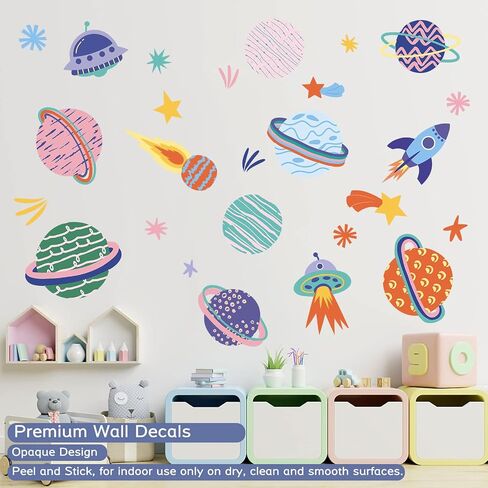 Space Peel and Stick Decals Rocket Planets Stars Wall Sticker Removable Vinyl Decals for Nursery Kids Room Girls Boys Bedroom Playroom Wall Decor in Saudi Arabia