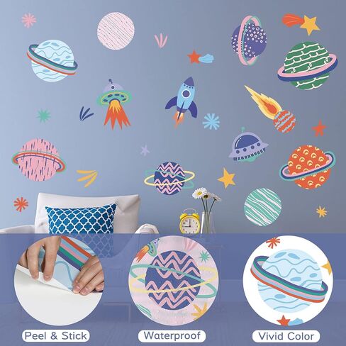 Space Peel and Stick Decals Rocket Planets Stars Wall Sticker Removable Vinyl Decals for Nursery Kids Room Girls Boys Bedroom Playroom Wall Decor in Saudi Arabia