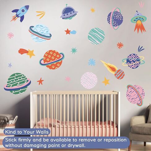 Space Peel and Stick Decals Rocket Planets Stars Wall Sticker Removable Vinyl Decals for Nursery Kids Room Girls Boys Bedroom Playroom Wall Decor in Saudi Arabia