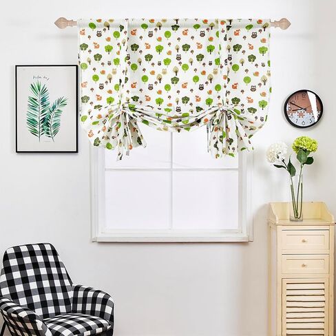lelehome التعادل حتى بالون نافذة الستار 1 لوحة، 63 "طويلة قابل للتعديل نافذة العلاج الستار الكتان الزهور قضيب جيب للمطبخ غرفة نوم الأطفال ديكور المنزل شجرة الغابات نمط الحيوان in Kuwait