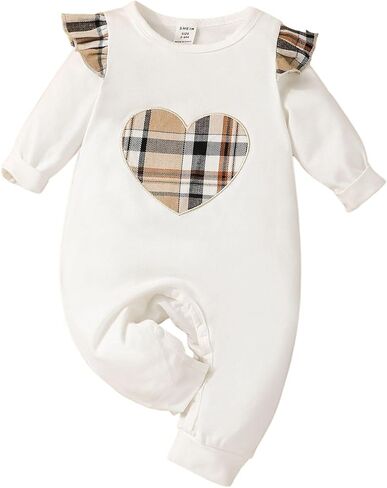 BOMDEALS Baby Girls Rompers Clothing - Valentines Cute Plaid Heart Outfits Infant Ruffle Long Sleeve Jumpsuit Fall Bodysuit in Saudi Arabia