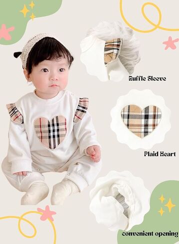 BOMDEALS Baby Girls Rompers Clothing - Valentines Cute Plaid Heart Outfits Infant Ruffle Long Sleeve Jumpsuit Fall Bodysuit in Saudi Arabia