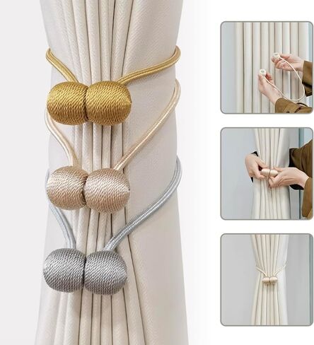ستائر مغناطيسية Tiebacks 2 PackRope ديكور، ستائر ربطات عنق خلفية حاملات خطافات مشبك أبازيم للستائر، أربطة ستائر للمنزل وغرفة النوم والمكتب ستارة ديكور (أسود) in Kuwait