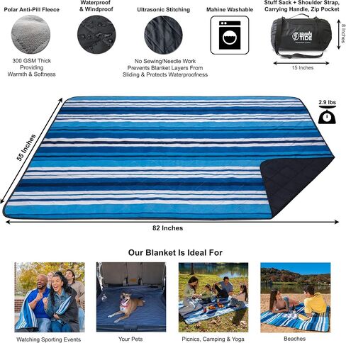 BRAWNTIDE Large Outdoor Waterproof Blanket - Quilted, Extra Thick Fleece, Warm, Windproof, Sandproof, Includes Stuff Sack, Shoulder Strap, Ideal for Beaches, Picnics, Camping, Stadiums, Dogs, Car in Saudi Arabia