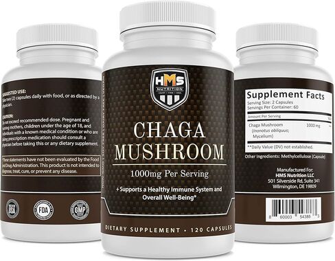 HMS Nutrition Chaga Mushroom - Inonotus Obliquus - 1000 مجم 120 كبسولة نباتية تكفي لمدة شهرين، نباتي غير معدل وراثيًا in Kuwait