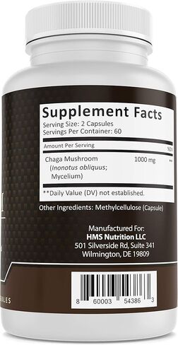 HMS Nutrition Chaga Mushroom - Inonotus Obliquus - 1000 مجم 120 كبسولة نباتية تكفي لمدة شهرين، نباتي غير معدل وراثيًا in Kuwait