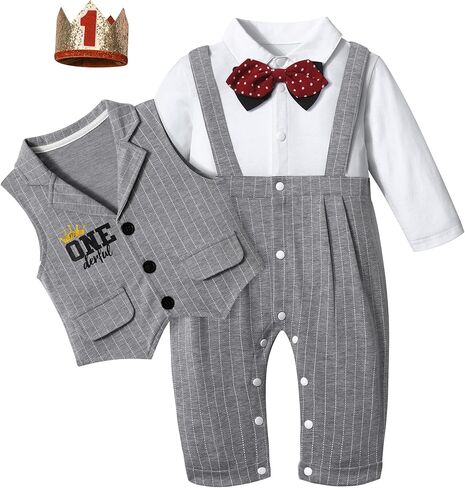 زي عيد الميلاد الاول للاولاد من تومولانت، رومبير ابيض باكمام طويلة مع ربطة عنق وهمية، قطعتين من السروال + سترة + قبعة، ملابس للاولاد في عيد الميلاد الاول in Kuwait