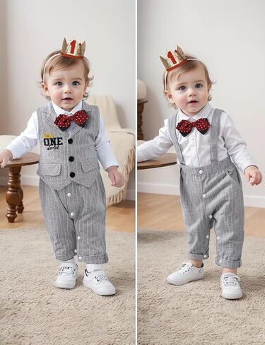 زي عيد الميلاد الاول للاولاد من تومولانت، رومبير ابيض باكمام طويلة مع ربطة عنق وهمية، قطعتين من السروال + سترة + قبعة، ملابس للاولاد في عيد الميلاد الاول in Kuwait