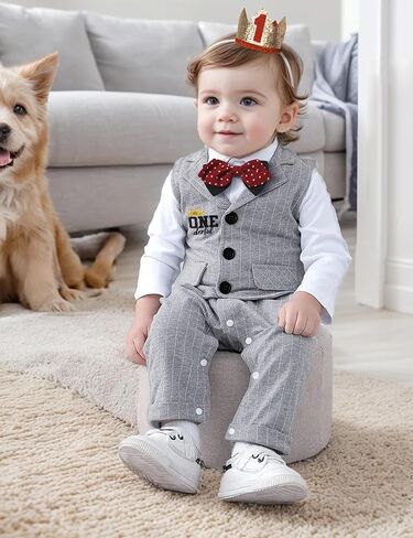 زي عيد الميلاد الاول للاولاد من تومولانت، رومبير ابيض باكمام طويلة مع ربطة عنق وهمية، قطعتين من السروال + سترة + قبعة، ملابس للاولاد في عيد الميلاد الاول in Kuwait