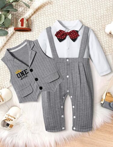 زي عيد الميلاد الاول للاولاد من تومولانت، رومبير ابيض باكمام طويلة مع ربطة عنق وهمية، قطعتين من السروال + سترة + قبعة، ملابس للاولاد في عيد الميلاد الاول in Kuwait