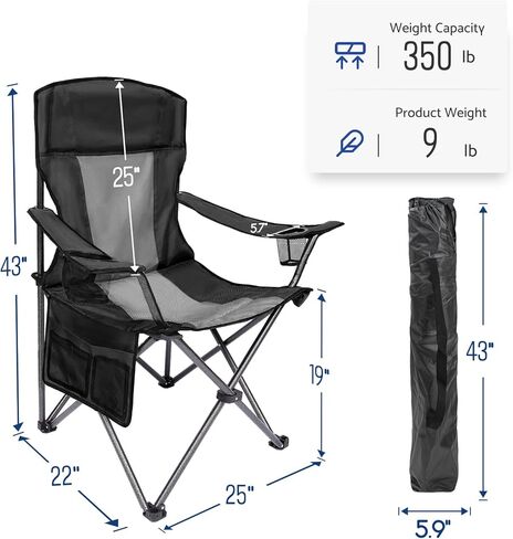 Coastrail Outdoor Padded Folding Camping Chair Quad Arm Chair Lawn Chair with Large Cup Holders, Side & Back Pocket for Camp, Outdoor, Indoor, Fishing, Supports 350lbs in Kuwait