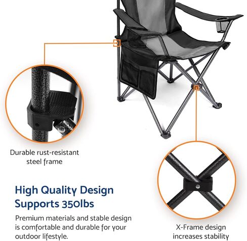 Coastrail Outdoor Padded Folding Camping Chair Quad Arm Chair Lawn Chair with Large Cup Holders, Side & Back Pocket for Camp, Outdoor, Indoor, Fishing, Supports 350lbs in Kuwait