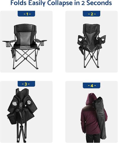 Coastrail Outdoor Padded Folding Camping Chair Quad Arm Chair Lawn Chair with Large Cup Holders, Side & Back Pocket for Camp, Outdoor, Indoor, Fishing, Supports 350lbs in Kuwait