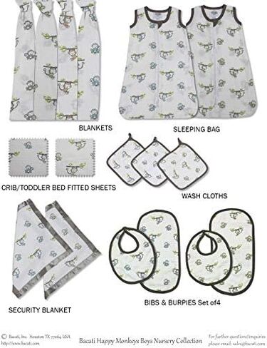 Bacati - Happy Monkeys 2 Pack Essentials Classic Super Soft Breathable 100% Cotton Muslin Baby Crib Fitted Sheets - Fits Standard 28 x 52 x 5 Crib & Toddler Mattresses (Blue/Grey Boys) in Saudi Arabia