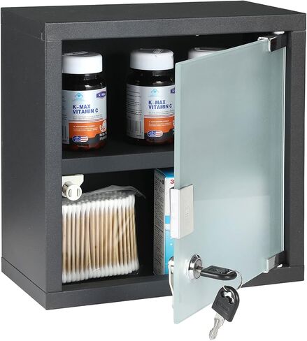 MyGift Small Black Metal Medicine Cabinet with Lock and Key and Frosted Glass Door, Wall Mounted Bathroom Supplies Storage Organizer Box in Saudi Arabia