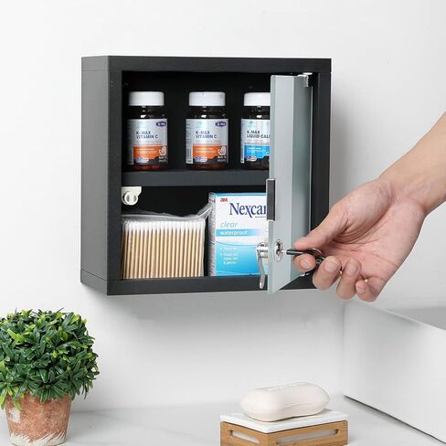 MyGift Small Black Metal Medicine Cabinet with Lock and Key and Frosted Glass Door, Wall Mounted Bathroom Supplies Storage Organizer Box in Saudi Arabia
