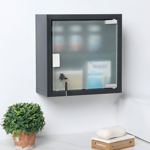 MyGift Small Black Metal Medicine Cabinet with Lock and Key and Frosted Glass Door, Wall Mounted Bathroom Supplies Storage Organizer Box in Saudi Arabia