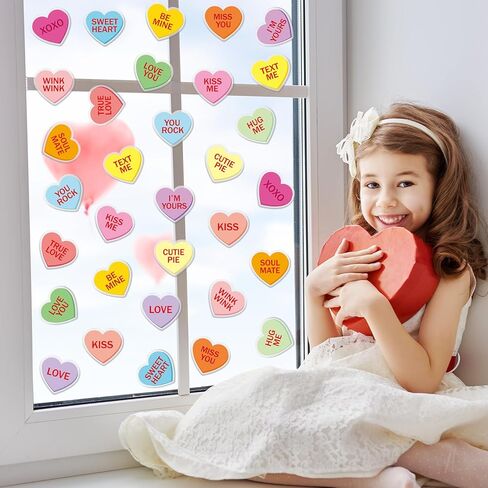 JarThenaAMCS 32Pcs Valentine's Day Thick Gel Clings Romantic Conversation Heart Window Gel Decals Reusable Colorful Candy Heart Window Clings for Home School Party Supplies, 2 Sheet in Kuwait