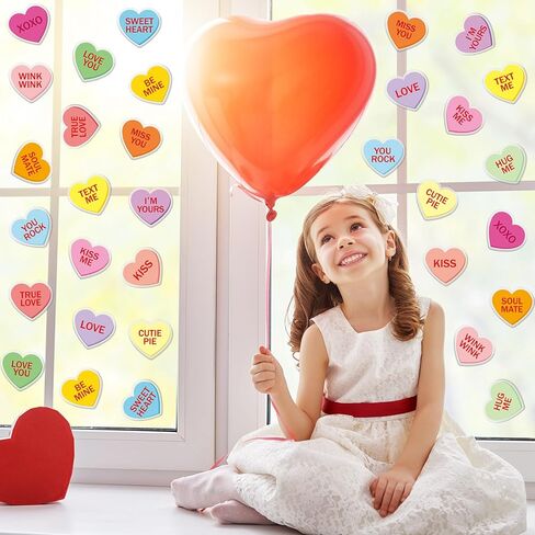 JarThenaAMCS 32Pcs Valentine's Day Thick Gel Clings Romantic Conversation Heart Window Gel Decals Reusable Colorful Candy Heart Window Clings for Home School Party Supplies, 2 Sheet in Kuwait