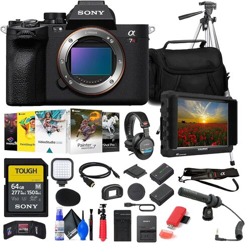Sony a7R V Mirrorless Camera (ILCE7RM5/B) + 4K Monitor + Headphones + Pro Mic + 64GB Card + Corel Photo Software + Pro Tripod + Bag + NP-FZ100 Compatible Battery + External Charger + More (Renewed) in Saudi Arabia