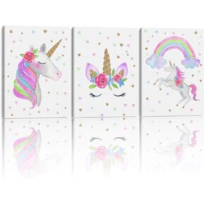 Something Unicorn - Stretched/Framed, Ready to Hang Canvas Wall Art. Super Cute Water Color Unicorn Prints for Nursery or Girl's Bedroom Decor. Set of 3. 12x16in - Gold Glitter Unicorn Original in Kuwait