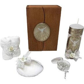 Baptism Candle Set in a Wooden Box with Towel, Catholic Baptism Kit ,Candle, Rosary and Shell for Baby Boys and Girls. Handmade in Mexico Gift for Godparents. Holy Spirit Baptism Kit . Kit de Bautizo. in Saudi Arabia