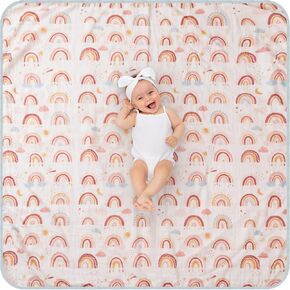 Tranqun Swaddle Blankets Baby Girl and Boys 4 Layers Sun Raindrop Star Moon Rainbow Muslin Quilt Baby Blanket 47" x 47" Washable Soft Reversible Cotton Rainbow Quilt for Toddler Kids Baby Newborn Crib in Kuwait