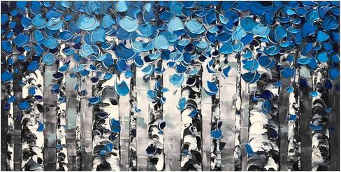 لوحات زيتية مصنوعة يدويًا، منظر طبيعي للغابات، لوحات فنية جدارية من القماش، أعمال فنية معاصرة لغرفة المعيشة، غرفة الطعام، ديكورات جدران المنزل (أزرق) in Kuwait