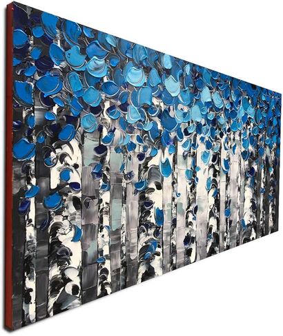 لوحات زيتية مصنوعة يدويًا، منظر طبيعي للغابات، لوحات فنية جدارية من القماش، أعمال فنية معاصرة لغرفة المعيشة، غرفة الطعام، ديكورات جدران المنزل (أزرق) in Kuwait