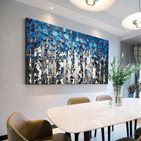 لوحات زيتية مصنوعة يدويًا، منظر طبيعي للغابات، لوحات فنية جدارية من القماش، أعمال فنية معاصرة لغرفة المعيشة، غرفة الطعام، ديكورات جدران المنزل (أزرق) in Kuwait