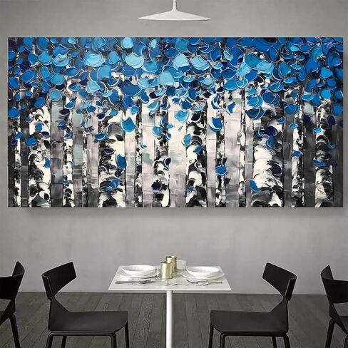 لوحات زيتية مصنوعة يدويًا، منظر طبيعي للغابات، لوحات فنية جدارية من القماش، أعمال فنية معاصرة لغرفة المعيشة، غرفة الطعام، ديكورات جدران المنزل (أزرق) in Kuwait