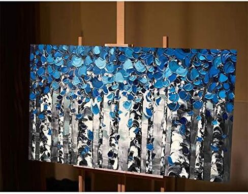 لوحات زيتية مصنوعة يدويًا، منظر طبيعي للغابات، لوحات فنية جدارية من القماش، أعمال فنية معاصرة لغرفة المعيشة، غرفة الطعام، ديكورات جدران المنزل (أزرق) in Kuwait